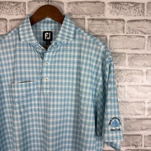 FootJoy Omni Interlocken GC Mint Blue Plaid Stretch Golf Polo W/ Pocket LARGE